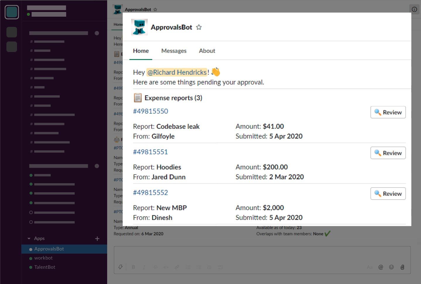 App Home for Slack Workbot