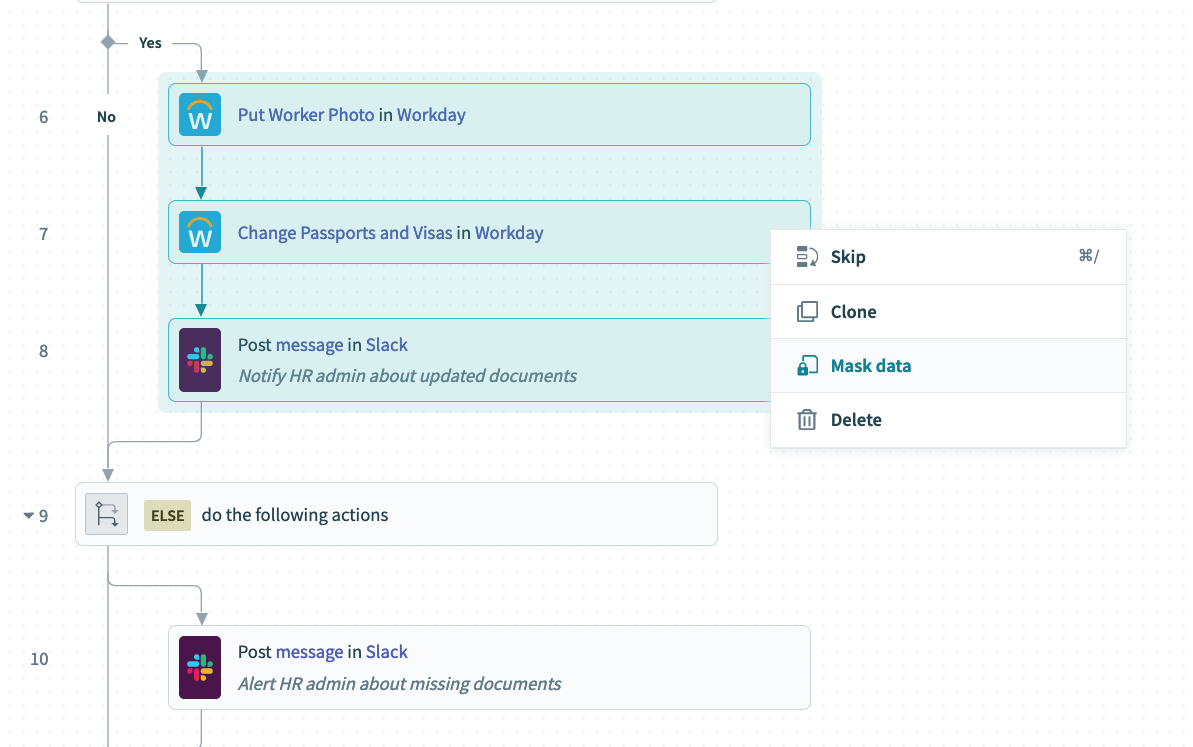 Mask data for sensitive data across steps